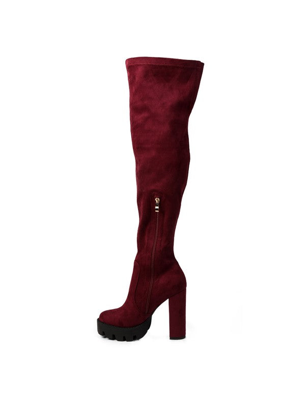 Maple High  Block Heeled Faux Suede Long Boots