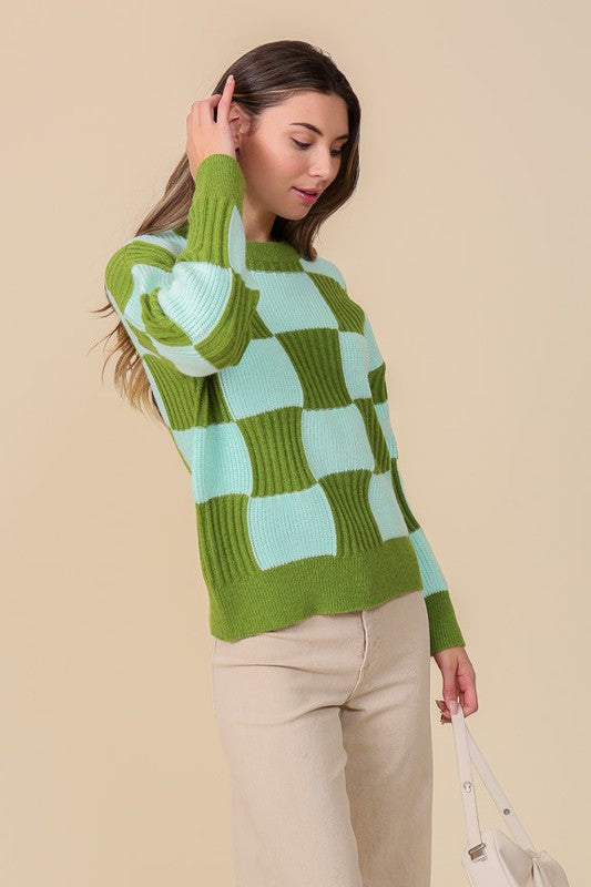 Oversized Contrast Checkboard Sweater