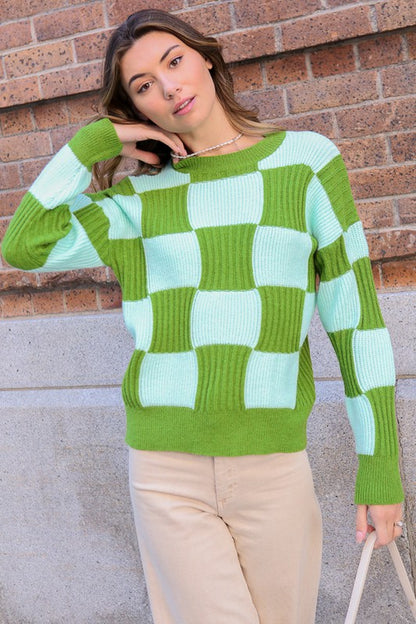 Oversized Contrast Checkboard Sweater