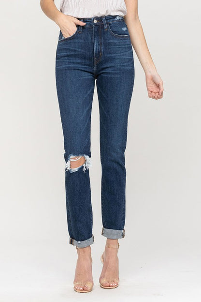 Distressed Roll Up Stretch Mom Jeans from Vervet