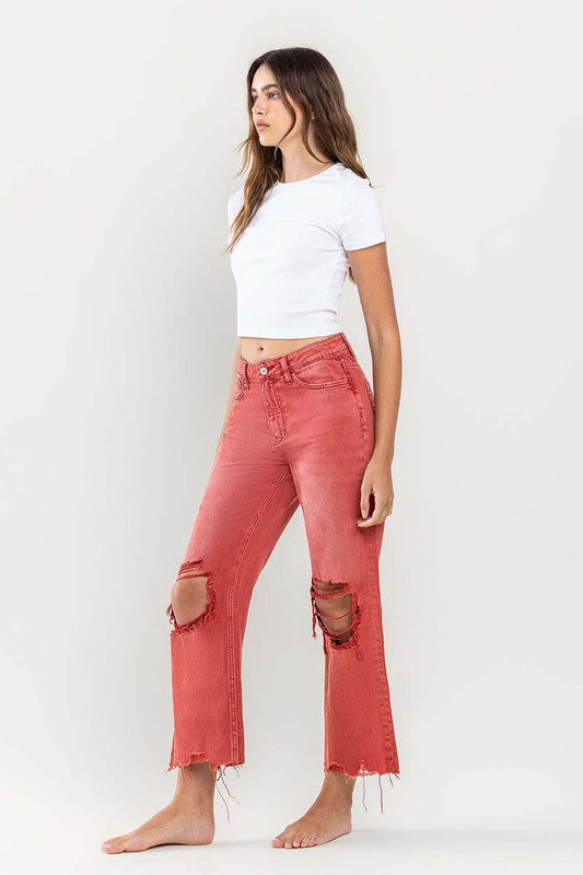 Coral Red 90s Vintage Crop Flare Jeans from Vervet