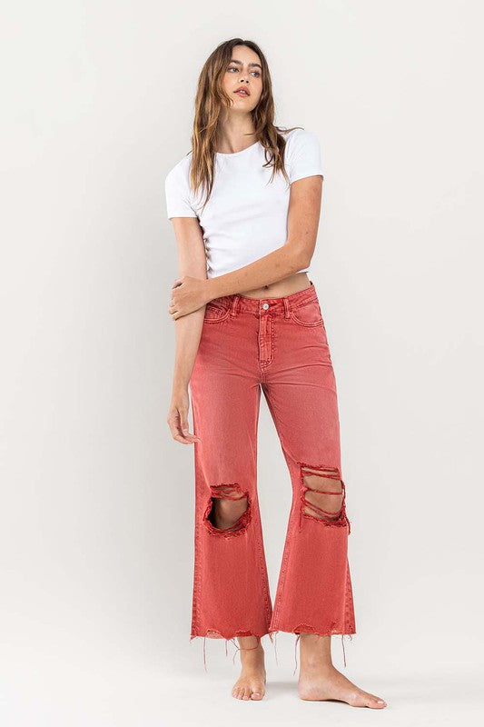 Coral Red 90s Vintage Crop Flare Jeans from Vervet