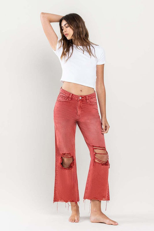 Coral Red 90s Vintage Crop Flare Jeans from Vervet