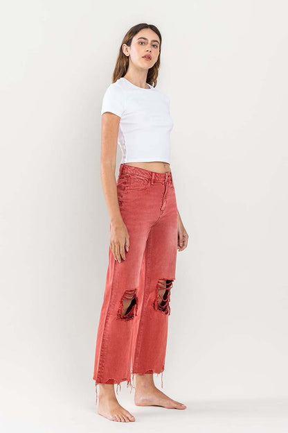 Coral Red 90s Vintage Crop Flare Jeans from Vervet