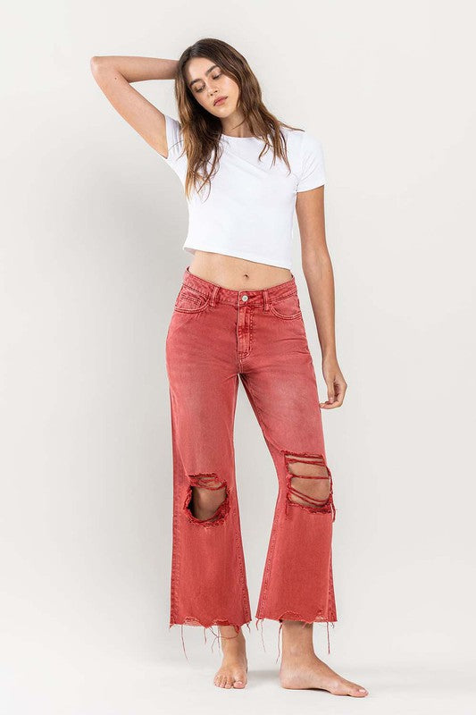 Coral Red 90s Vintage Crop Flare Jeans from Vervet