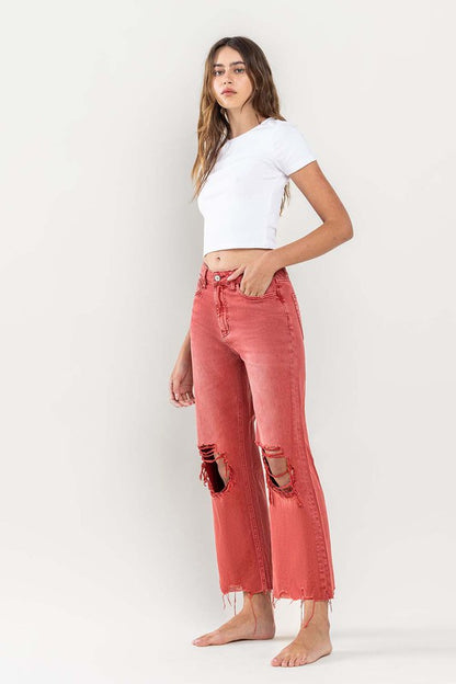 Coral Red 90s Vintage Crop Flare Jeans from Vervet