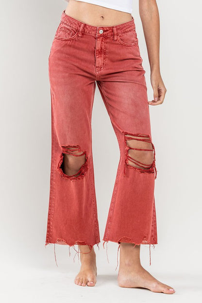 Coral Red 90s Vintage Crop Flare Jeans from Vervet