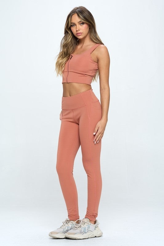 Zip Up Crop Sports Tank Top & Legings Set in 5 Colors