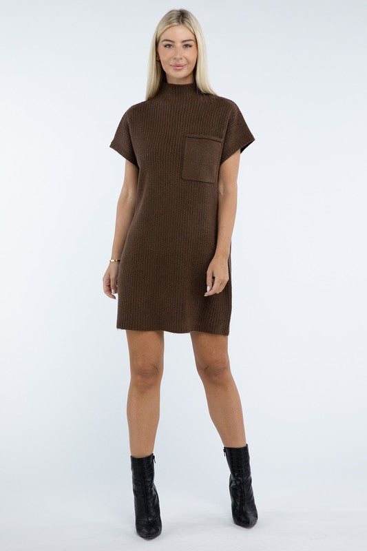 Mock Neck Short Sleeve Sweater Dress with Pocket in 6 Colors