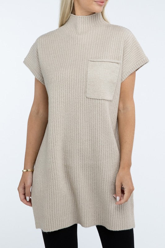 Mock Neck Short Sleeve Sweater Dress with Pocket in 6 Colors