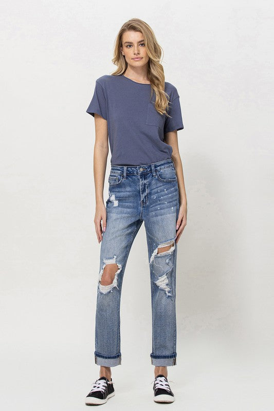 Stretch Mom Jeans w/ Spatter Detail and Cuff from Vervet