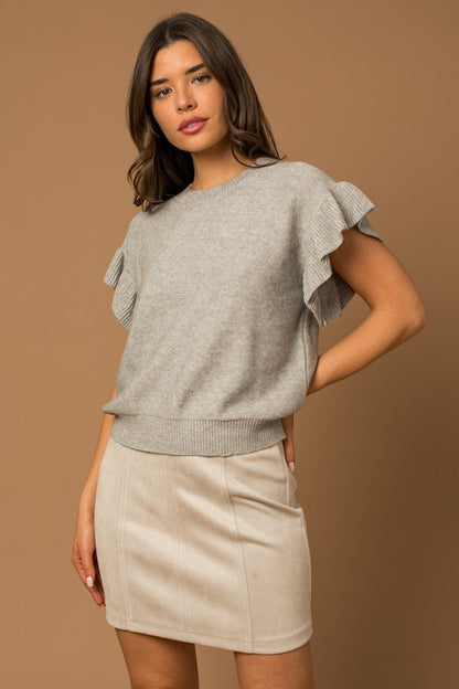 Ruffle Sleeve Sweater Knit Top in Beige or Grey