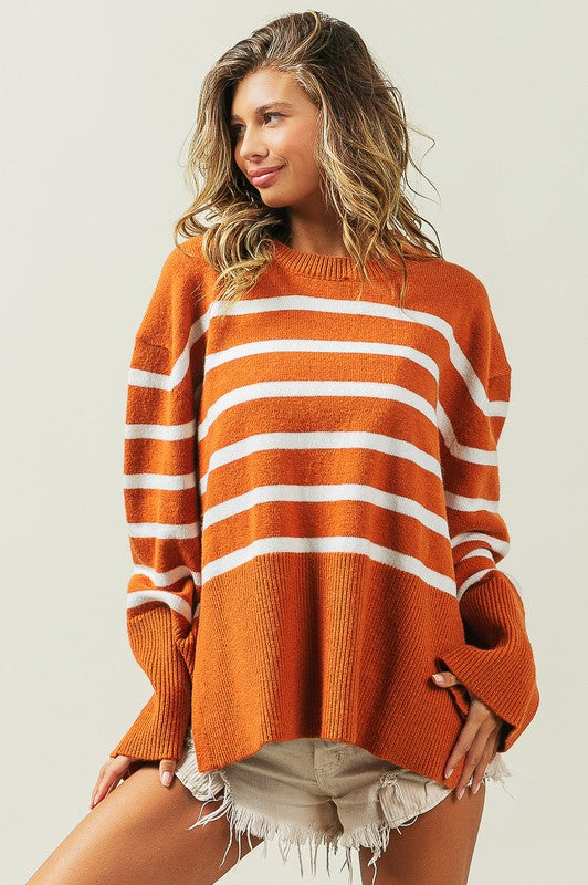 Striped Ribbed Hem Stripe Sweater in Black or Rust