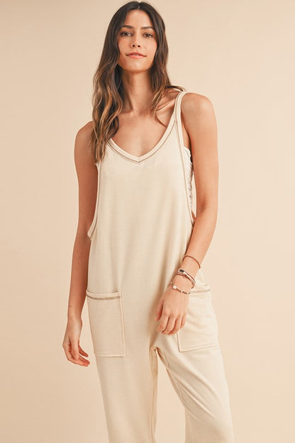 Side Pockets Pants Sleeveless V Neck Jumpsuit