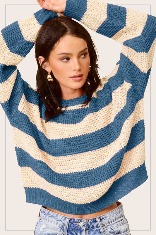 Striped Round Neck Loose Fit Sweater in 3 Colors