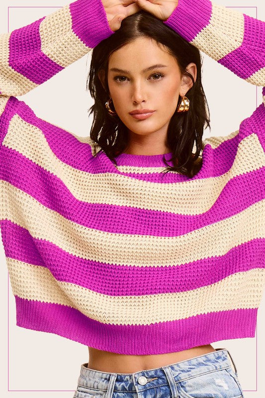 Striped Round Neck Loose Fit Sweater in 3 Colors