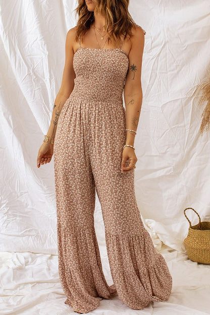 Women Smocked Bodice Wide Leg Floral Jumpsuit