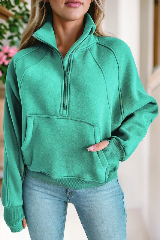 Stand Collar Ribbed Thumbhole Sleeve Sweatshirt in 4 Colors