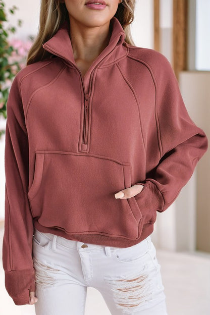 Stand Collar Ribbed Thumbhole Sleeve Sweatshirt in 4 Colors