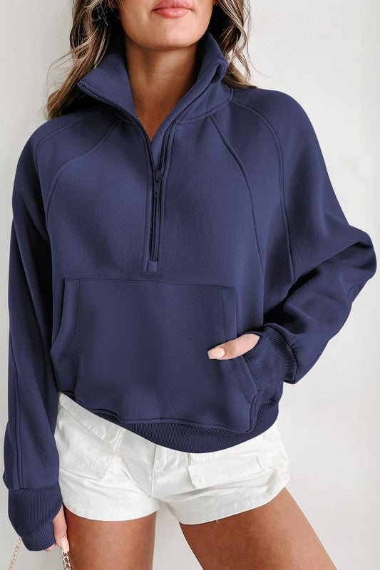 Stand Collar Ribbed Thumbhole Sleeve Sweatshirt in 4 Colors