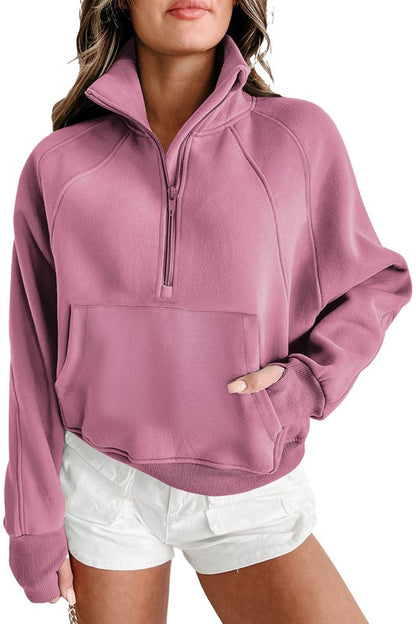 Stand Collar Ribbed Thumbhole Sleeve Sweatshirt in 4 Colors