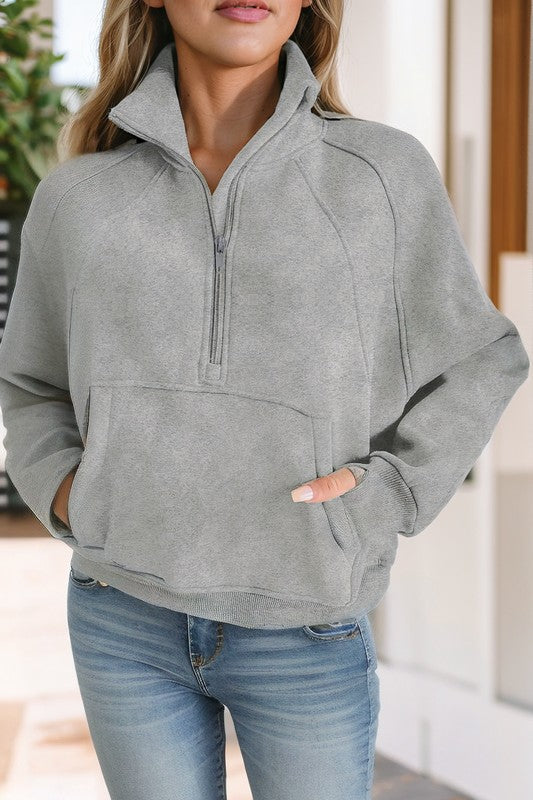 Stand Collar Ribbed Thumbhole Sleeve Sweatshirt in 4 Colors