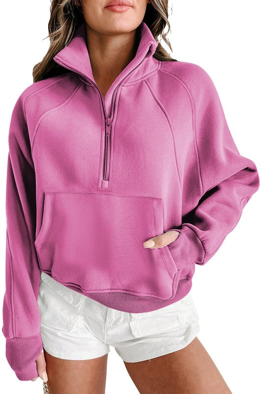 Stand Collar Ribbed Thumbhole Sleeve Sweatshirt in 4 Colors