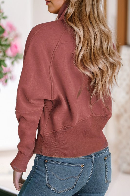 Stand Collar Ribbed Thumbhole Sleeve Sweatshirt in 4 Colors