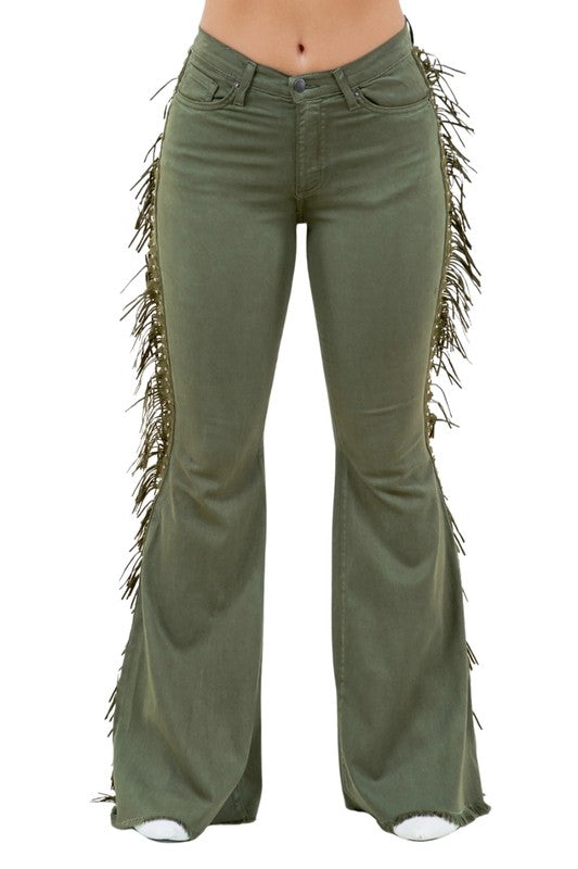 Texas Sun Bell Bottom Jeans with Fringe in Olive