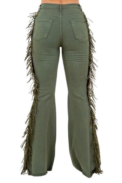 Texas Sun Bell Bottom Jeans with Fringe in Olive