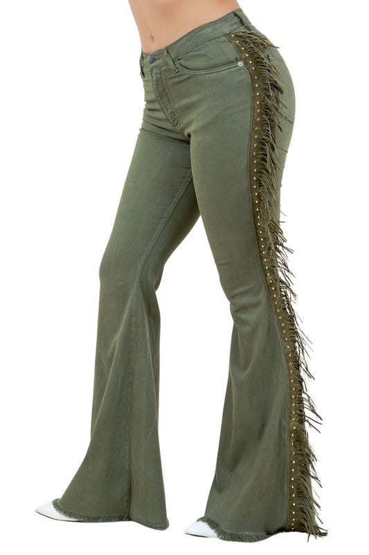 Texas Sun Bell Bottom Jeans with Fringe in Olive