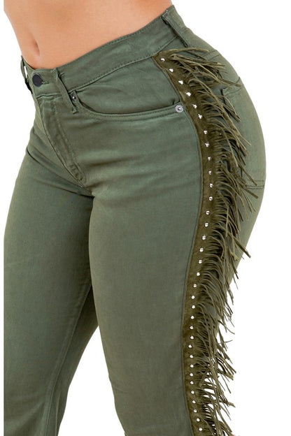 Texas Sun Bell Bottom Jeans with Fringe in Olive