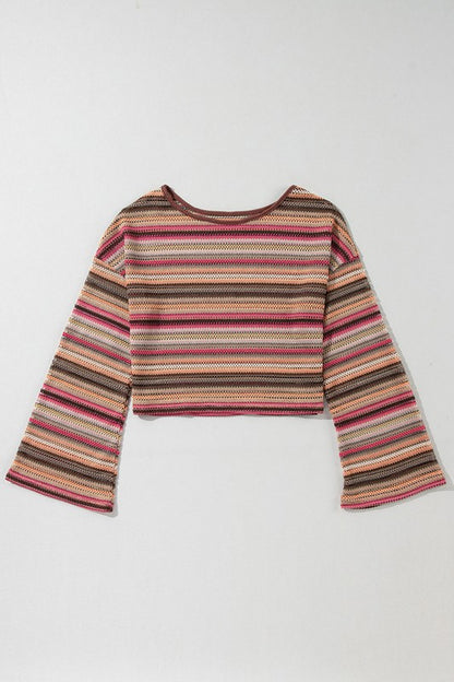 Red Ethnic Striped Wide Cropped Long Sleeve Top