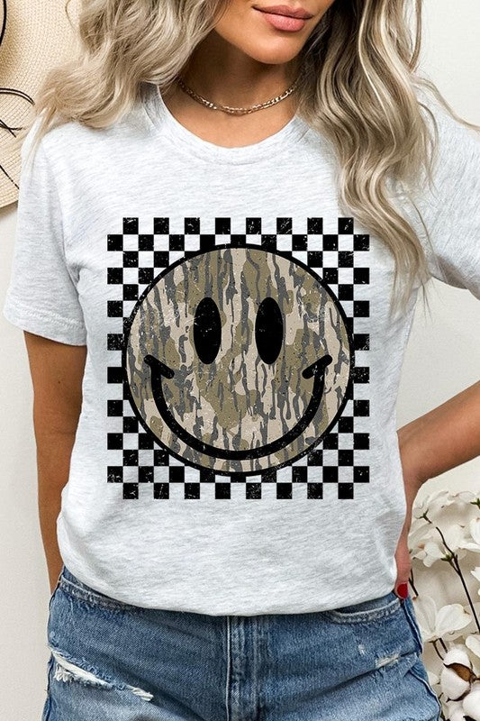 Retro Camo Smiley Face Graphic Tee