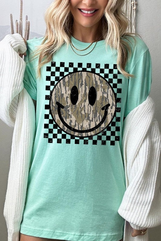 Retro Camo Smiley Face Graphic Tee