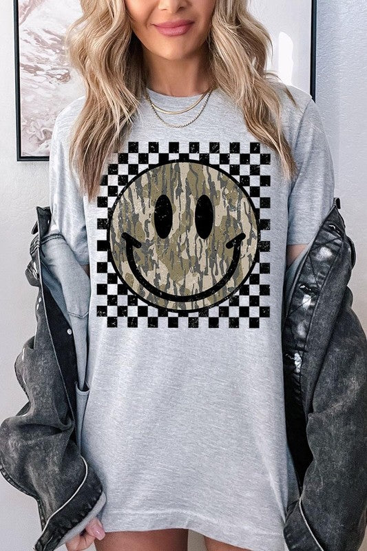 Retro Camo Smiley Face Graphic Tee