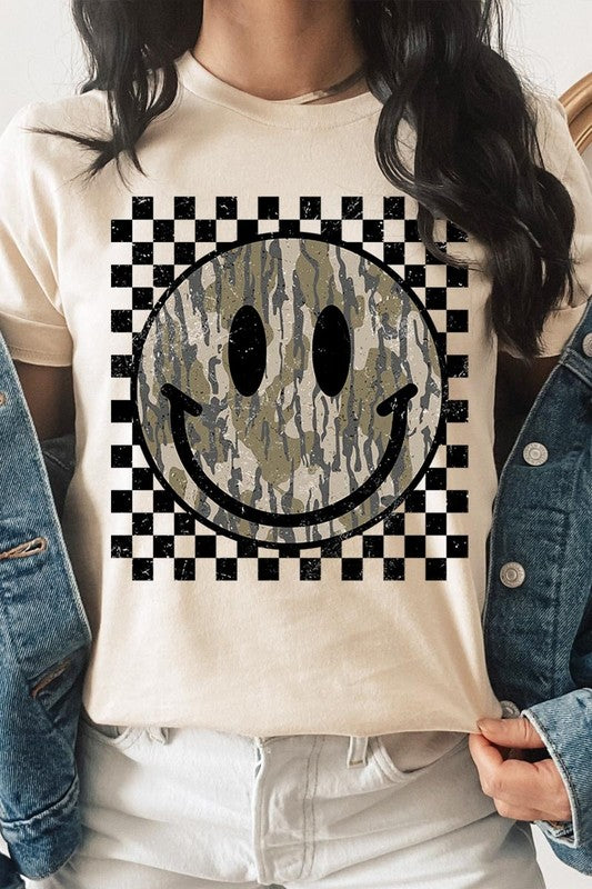 Retro Camo Smiley Face Graphic Tee