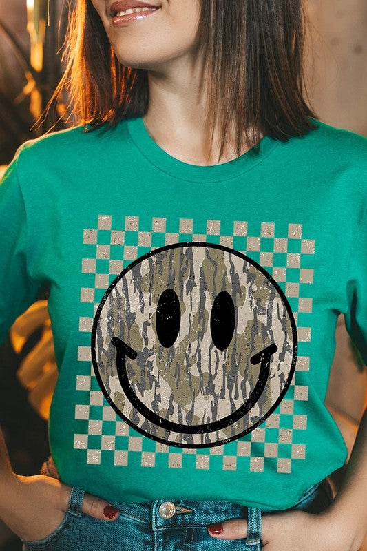 Retro Camo Smiley Face Graphic Tee