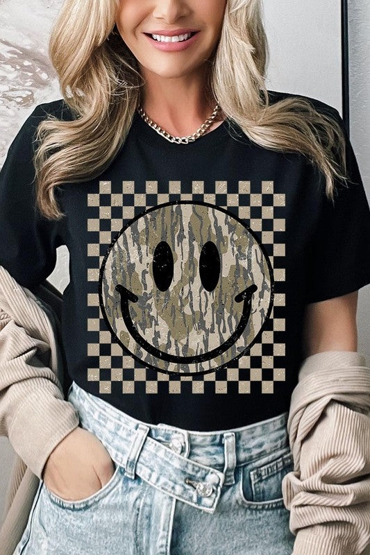 Retro Camo Smiley Face Graphic Tee