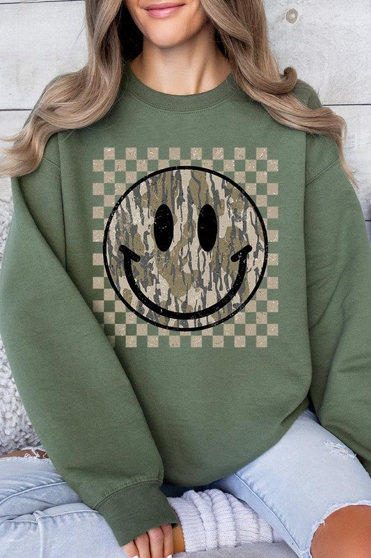 Retro Camo Smiley Face Graphic Fleece Sweatshirts