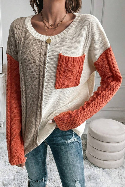 Women Colorblock Patched Pocket Shoulder Sweater