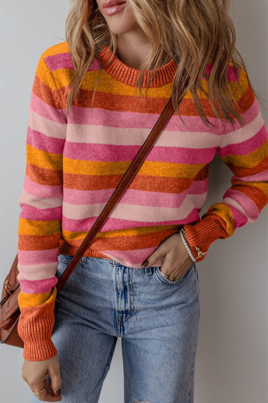 Womens Color Block Ribbed Edge Round Neck Sweater