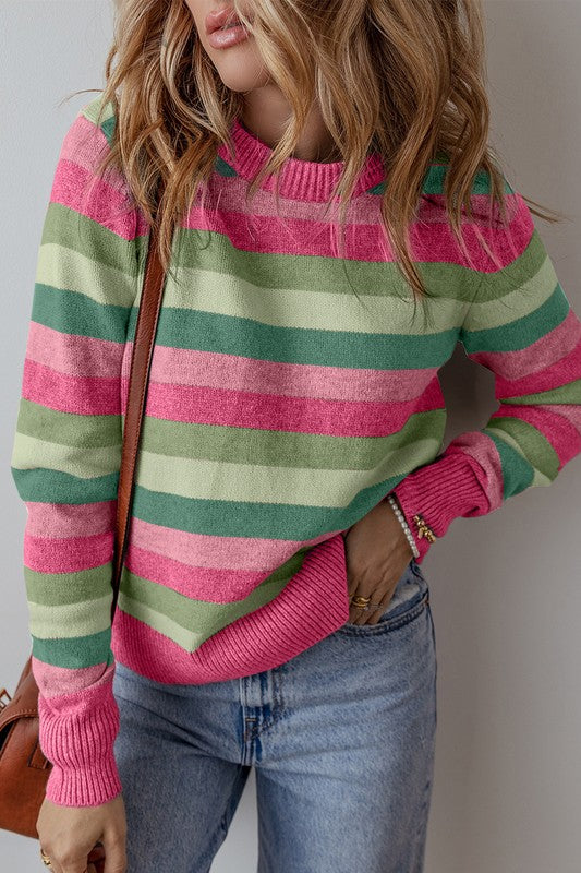 Womens Color Block Ribbed Edge Round Neck Sweater