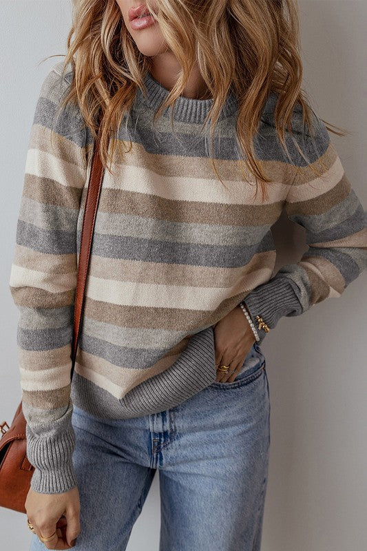 Womens Color Block Ribbed Edge Round Neck Sweater