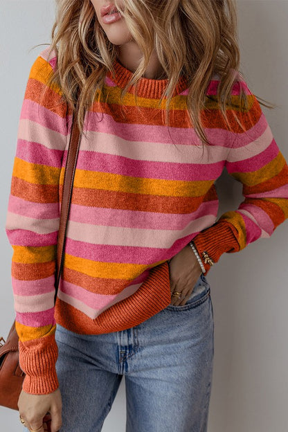 Womens Color Block Ribbed Edge Round Neck Sweater