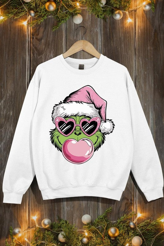 Pink Blowing Bubble Grinch Graphic Sweatshirts