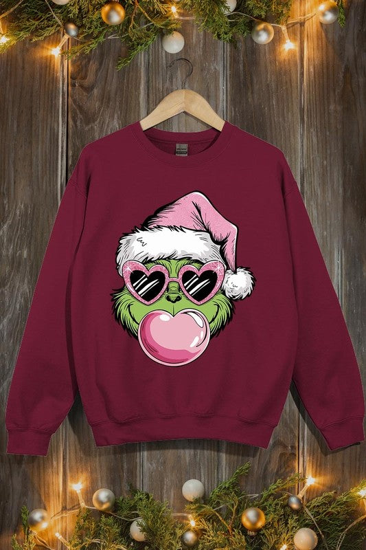 Pink Blowing Bubble Grinch Graphic Sweatshirts