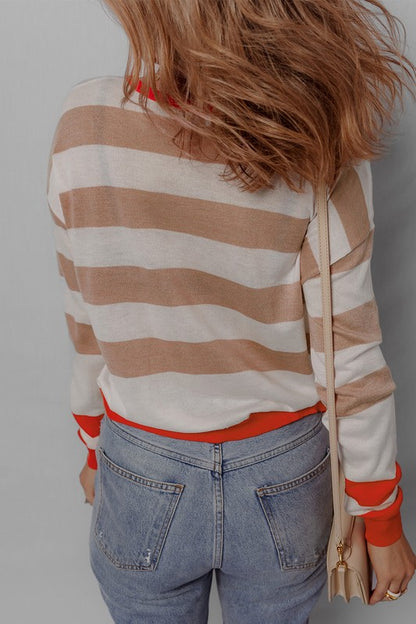 Women Striped Round Neck Drop Shoulder Sweater