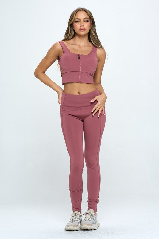 Zip Up Crop Sports Tank Top & Legings Set in 5 Colors