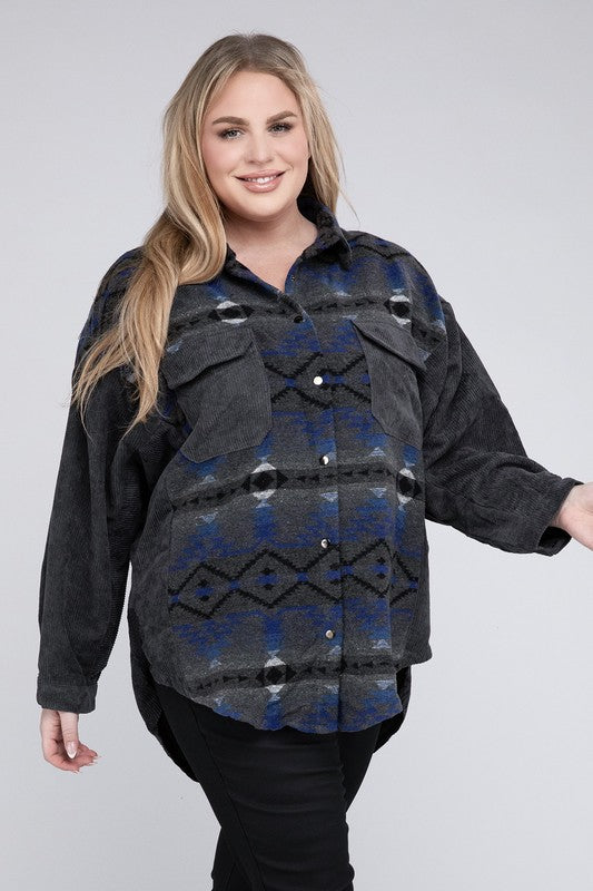 Plus Printed Button Down Long Sleeve Jacket in 2 Colors